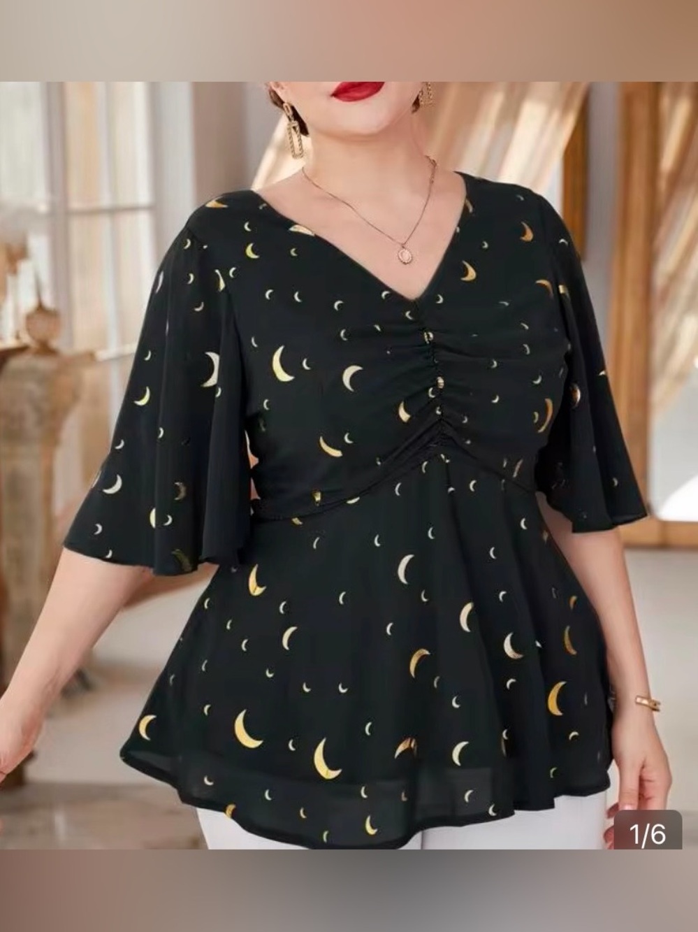 SHEIN Black Moon-Print V-Neck Peplum Blouse with gold crescent moons